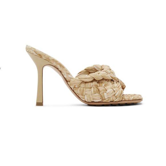 Bottega Veneta Shoes - Bottega Veneta Beige Raffia Stretch Heeled Mules